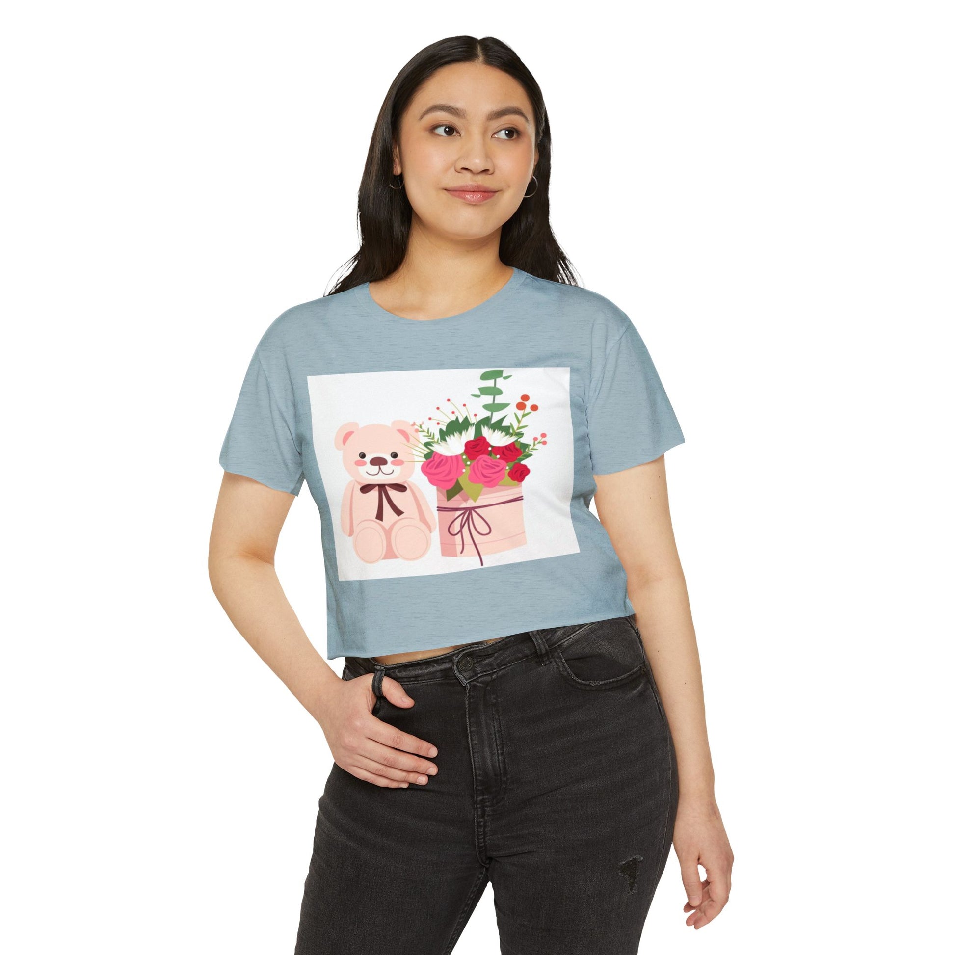 Women's Festival Crop Top with Cute Bear and Flowers, Summer Fashion, Casual Wear, Gift for Her, Boho Style
