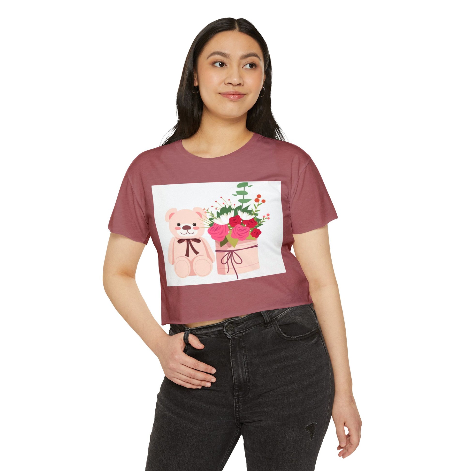Women's Festival Crop Top with Cute Bear and Flowers, Summer Fashion, Casual Wear, Gift for Her, Boho Style