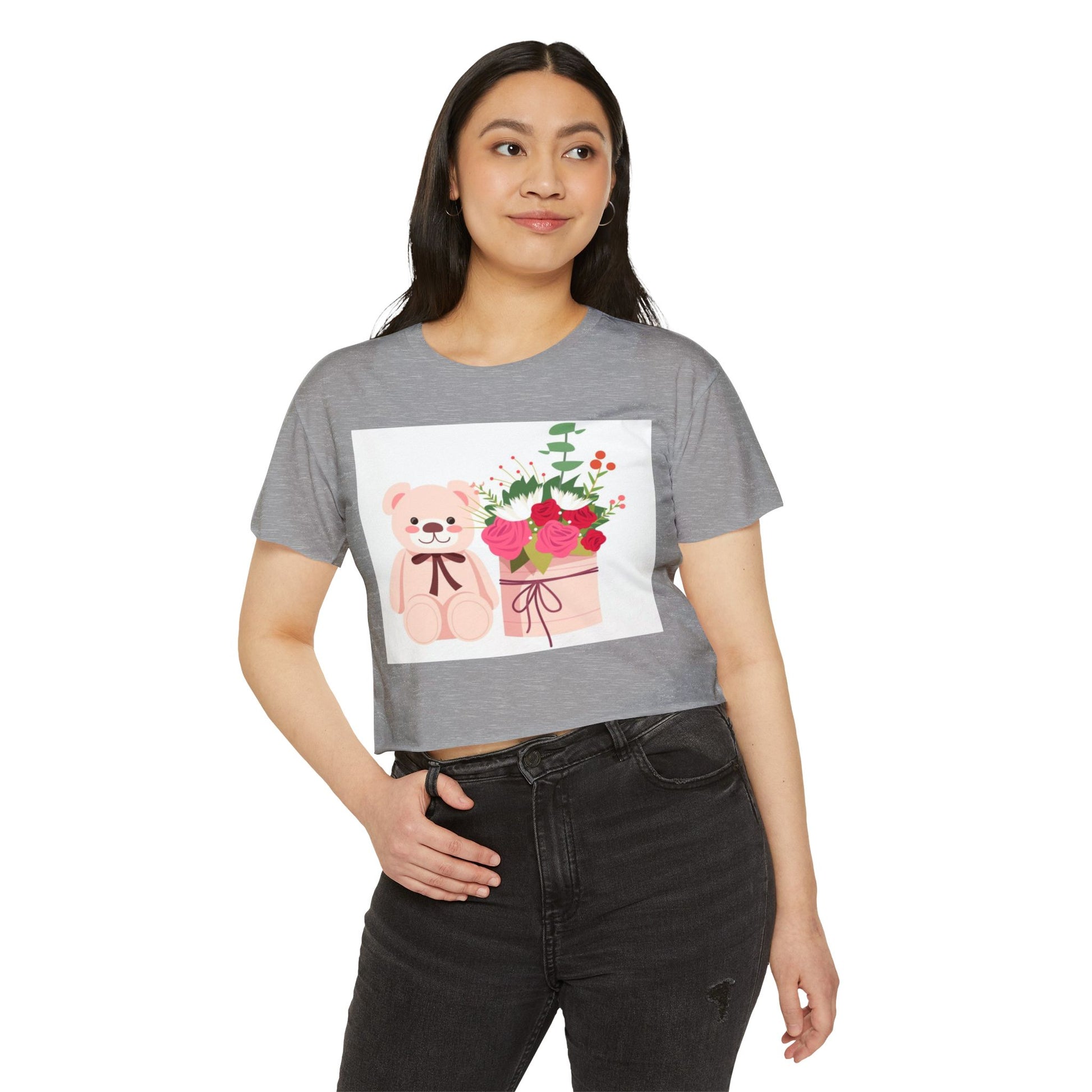 Women's Festival Crop Top with Cute Bear and Flowers, Summer Fashion, Casual Wear, Gift for Her, Boho Style