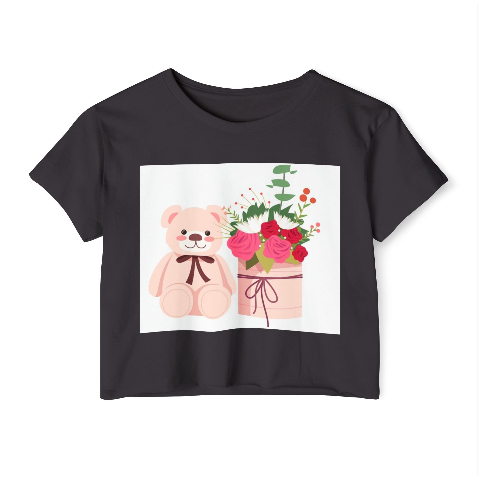 Women's Festival Crop Top with Cute Bear and Flowers, Summer Fashion, Casual Wear, Gift for Her, Boho Style