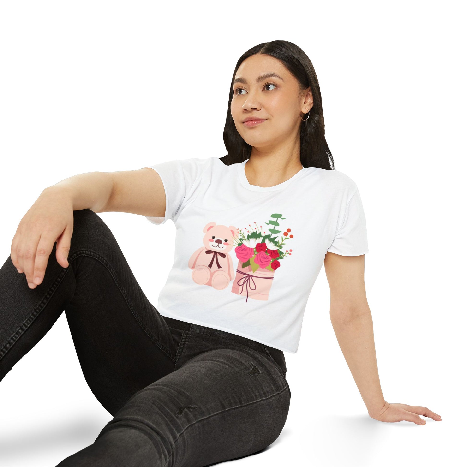 Women's Festival Crop Top with Cute Bear and Flowers, Summer Fashion, Casual Wear, Gift for Her, Boho Style