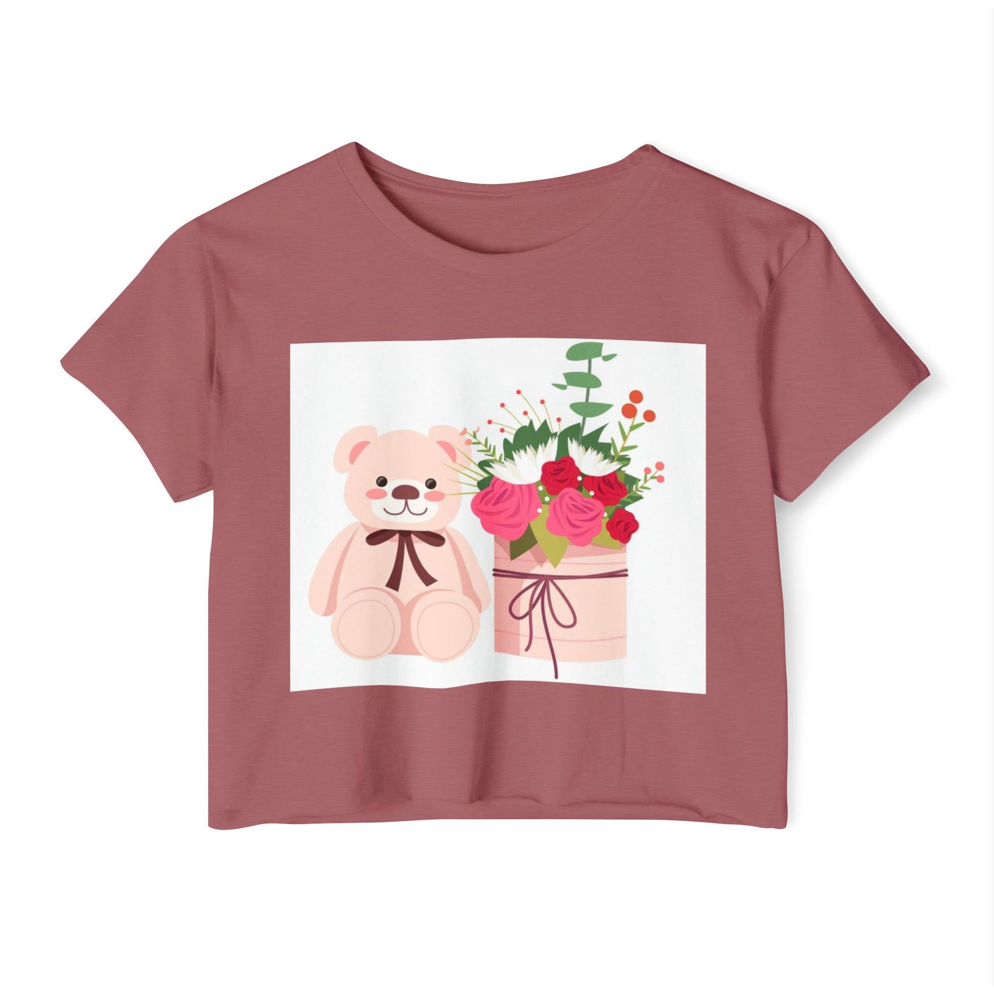 Women's Festival Crop Top with Cute Bear and Flowers, Summer Fashion, Casual Wear, Gift for Her, Boho Style
