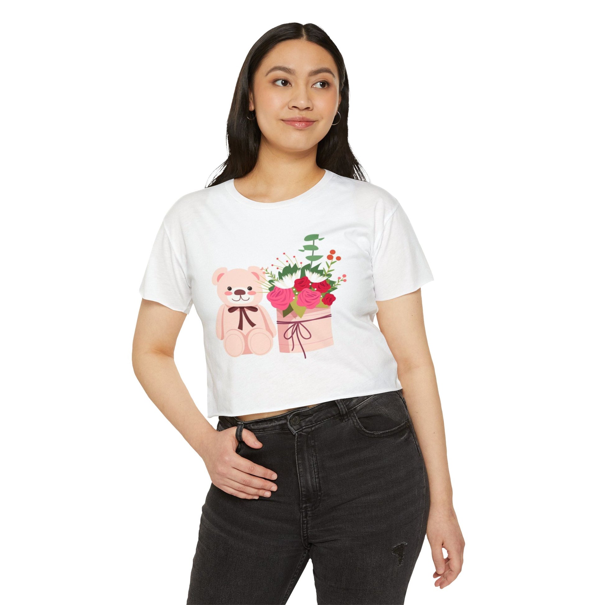 Women's Festival Crop Top with Cute Bear and Flowers, Summer Fashion, Casual Wear, Gift for Her, Boho Style