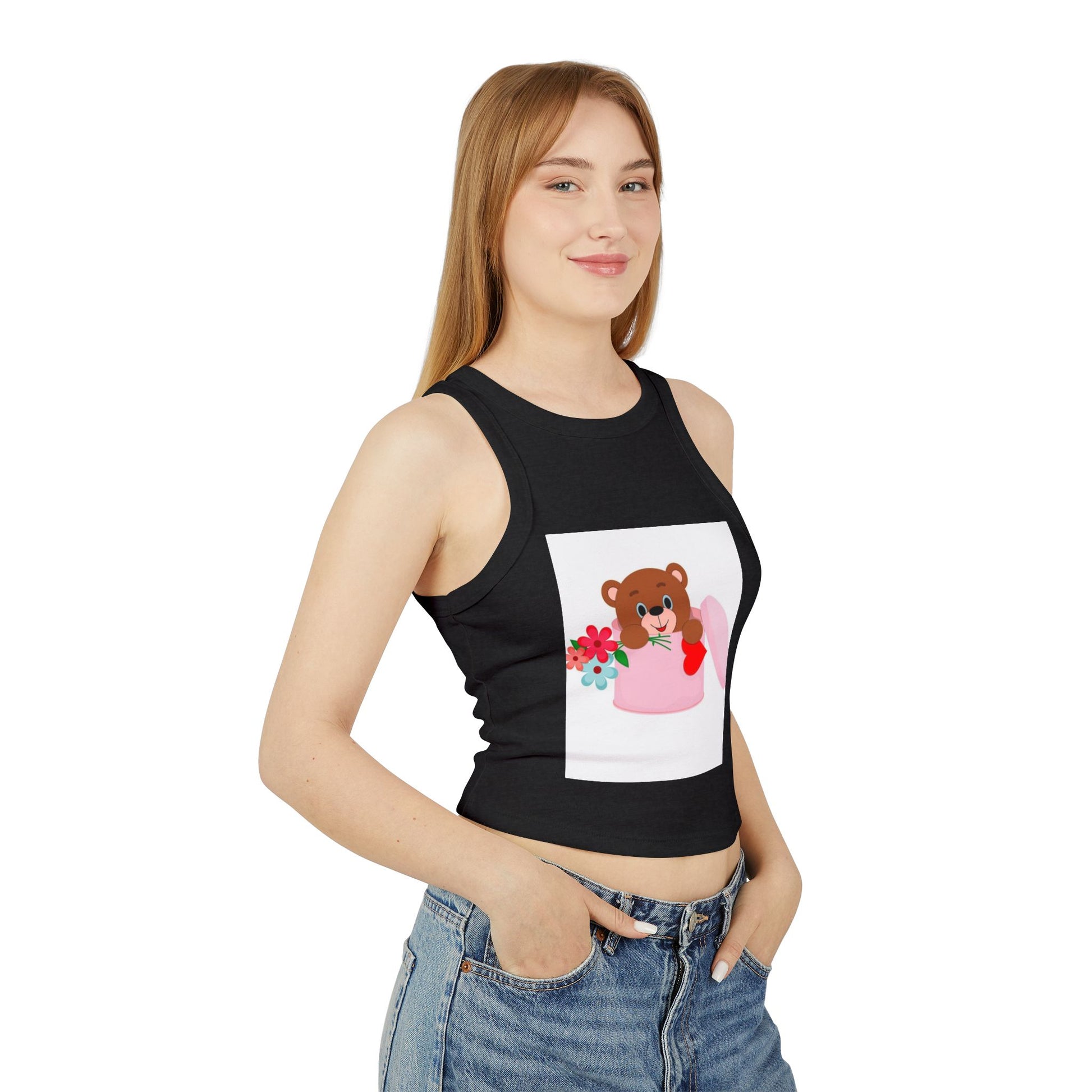 Cute Bear Flower Tank Top, Women's Crop Tank, Casual Summer Top, Gift for Her, Cute Graphic Tee, Spring Fashion