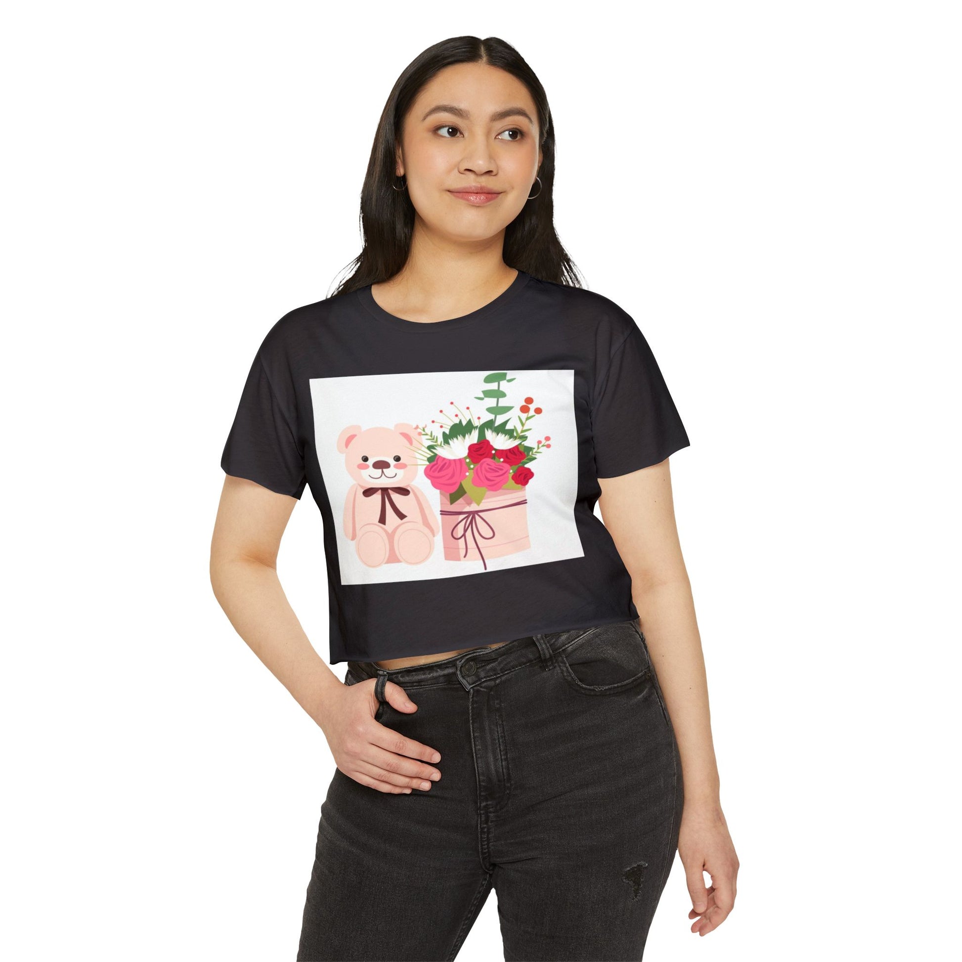 Women's Festival Crop Top with Cute Bear and Flowers, Summer Fashion, Casual Wear, Gift for Her, Boho Style
