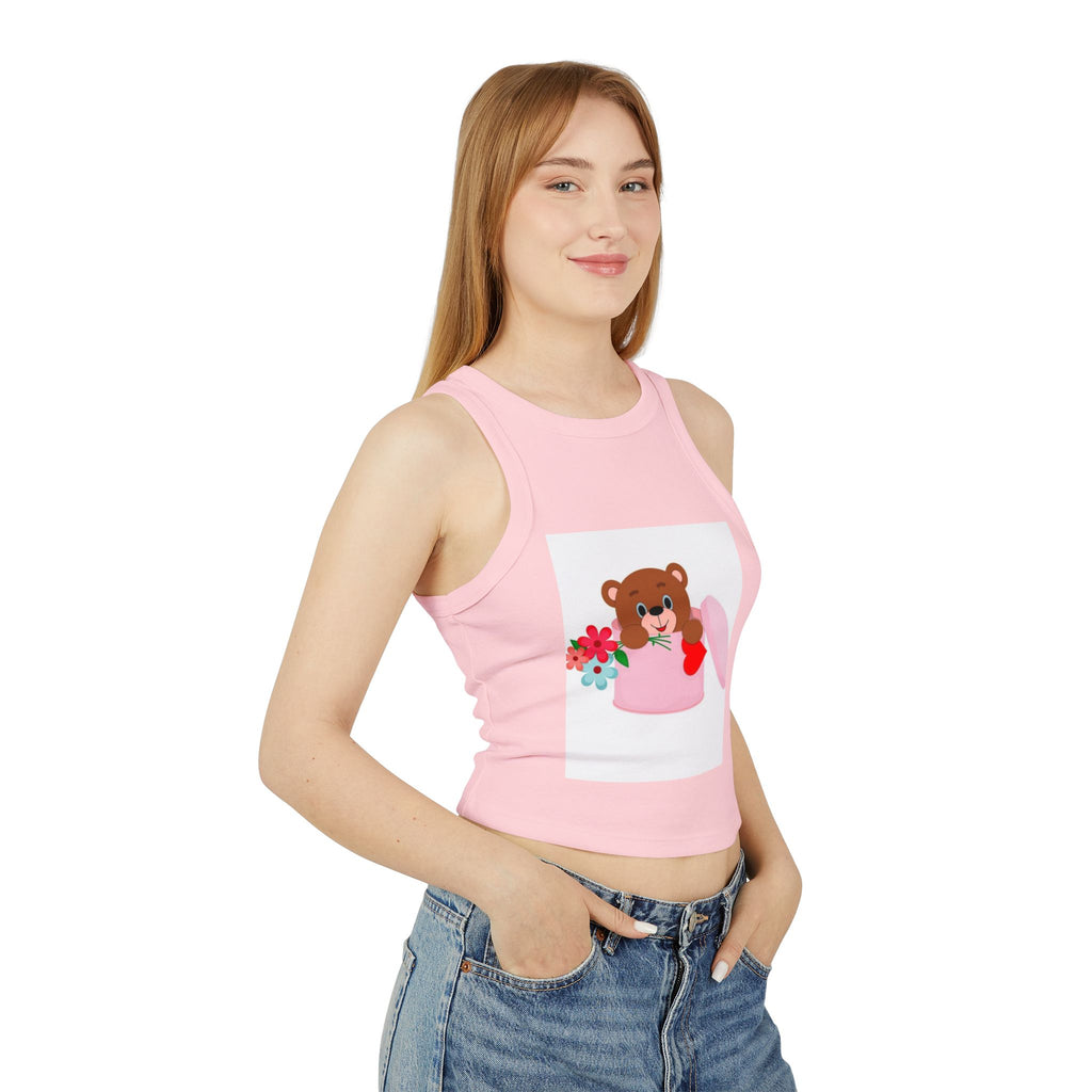 Cute Bear Flower Tank Top, Women's Crop Tank, Casual Summer Top, Gift for Her, Cute Graphic Tee, Spring Fashion